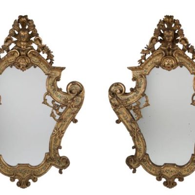 Pair of Venetian Lacca Povera and Polychrome Gilt Wood Mirrors