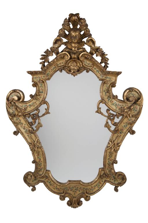 Pair of Venetian Lacca Povera and Polychrome Gilt Wood Mirrors