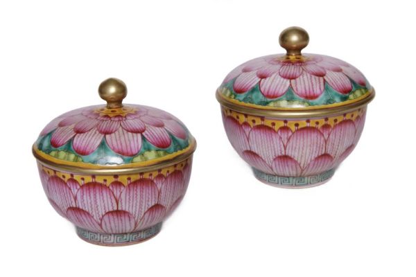 Pair of Chinese Porcelain Covered Lotus Bowls