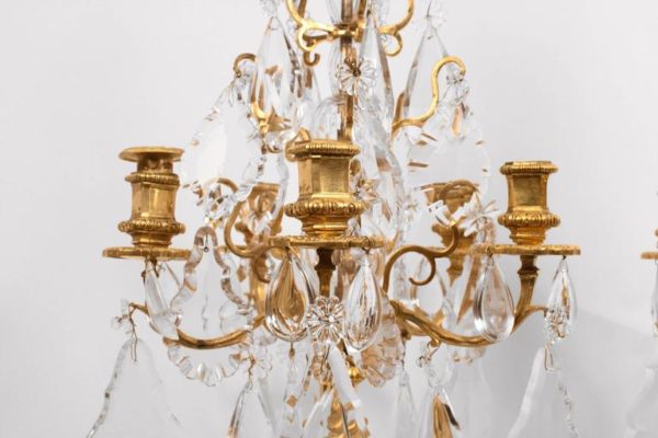 Pair of Gilt Bronze and Crystal Louis XVI Style Candelabra