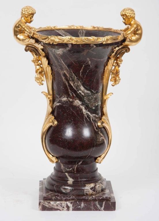 Pair of French Gilt Bronze Ormolu-Mounted Marble Vase