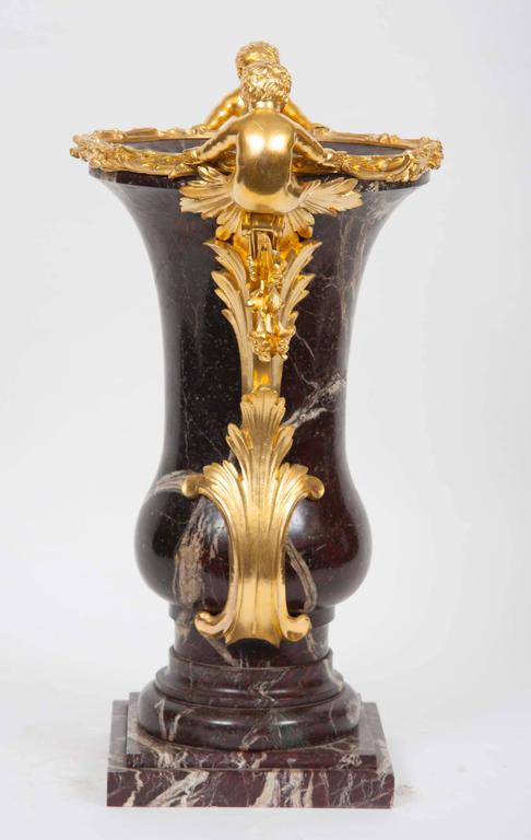 Pair of French Gilt Bronze Ormolu-Mounted Marble Vase