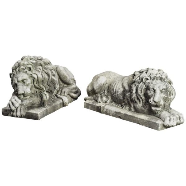 Pair of Italian Carved White Marble Figures of Recumbent Lions