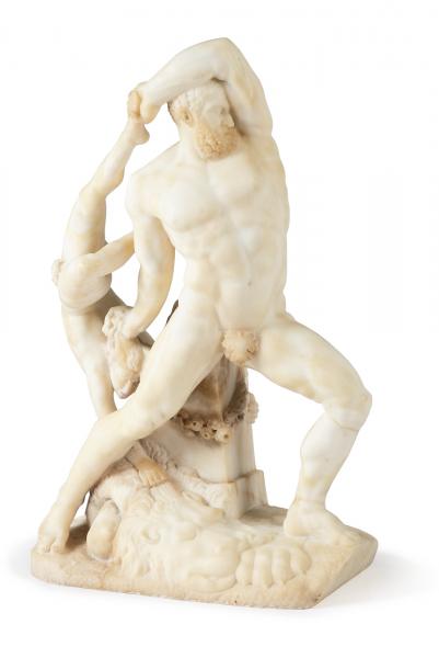 AN ITALIAN CARVED ALABASTER GROUP OF HERCULES AND LICHAS